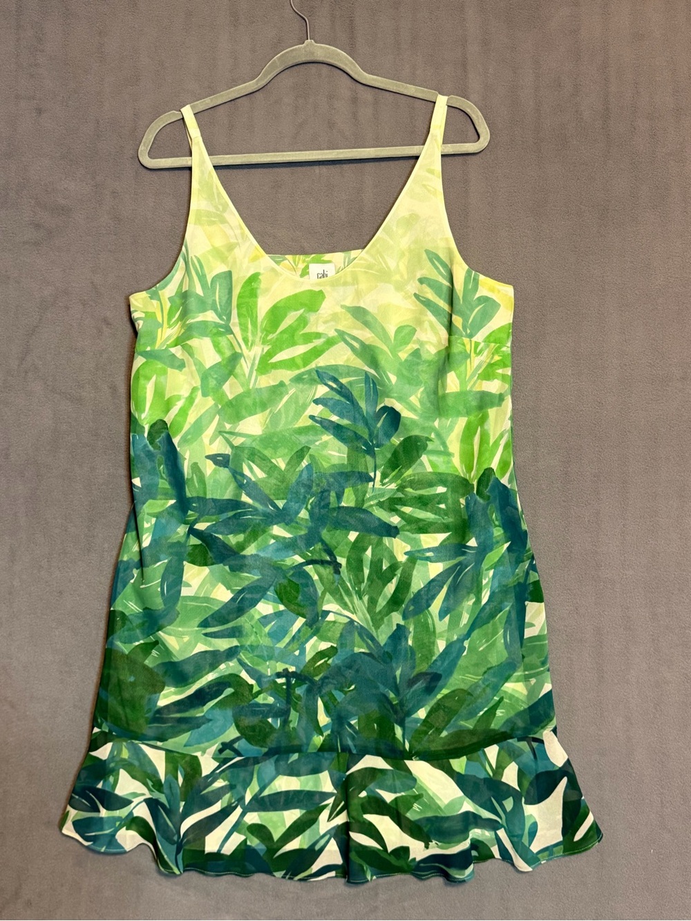 CAbi Castaway Dress Green Tropical Leaf Sleeveless Ruffle Trim Lined Sz L